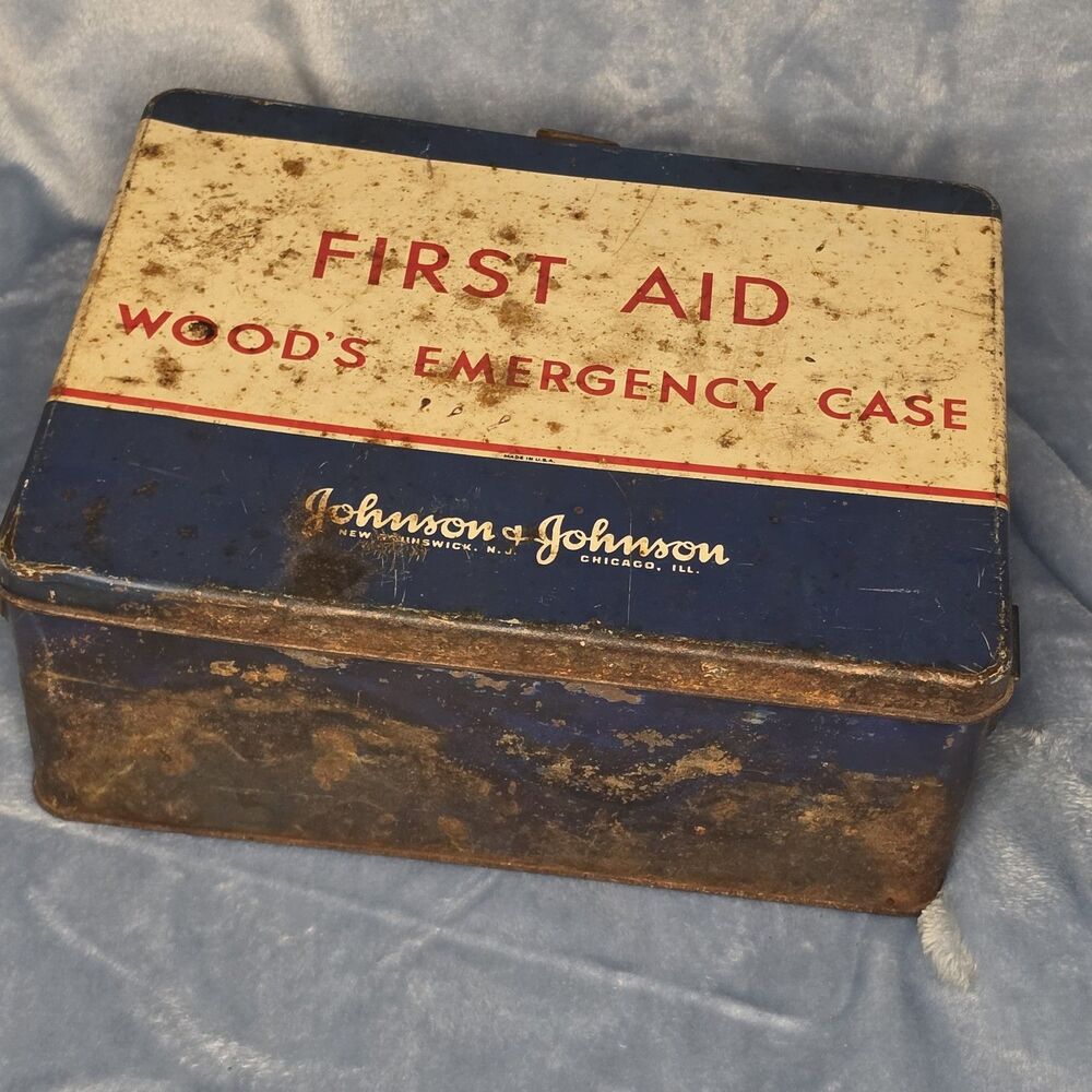 Vintage Johnson & Johnson Wood's Emergency Case First Aid Tin Box Blue Litho